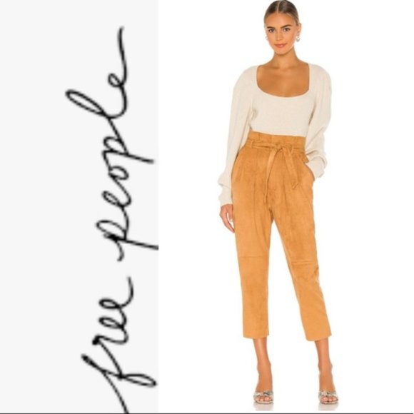 FREE PEOPLE Nightfall Vegan Suede High Rise Paperbag Pants In Camel Brown 14 - Picture 1 of 11